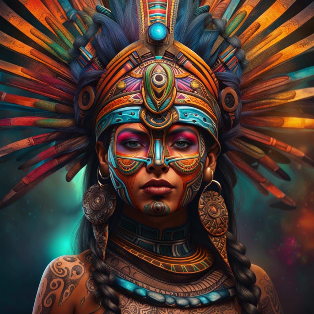 Aztec Woman with Colorful Body Paint in Solarpunk Style