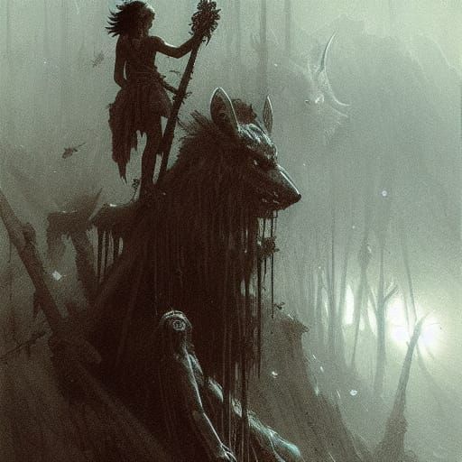 Terrifying Princess Mononoke in Dark Engraving Style