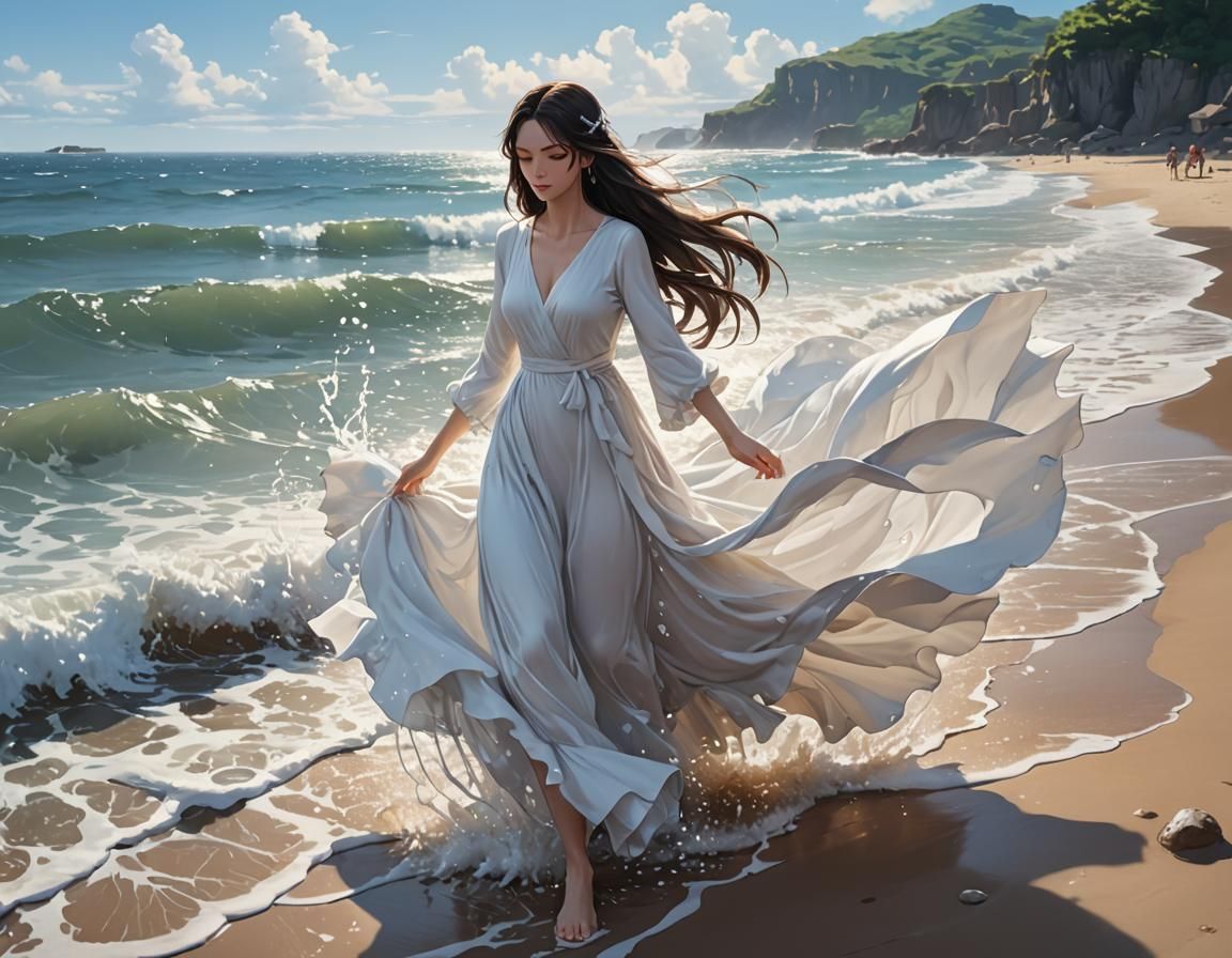 Brunette Girl Splashing at Seashore: 3D Anime Art