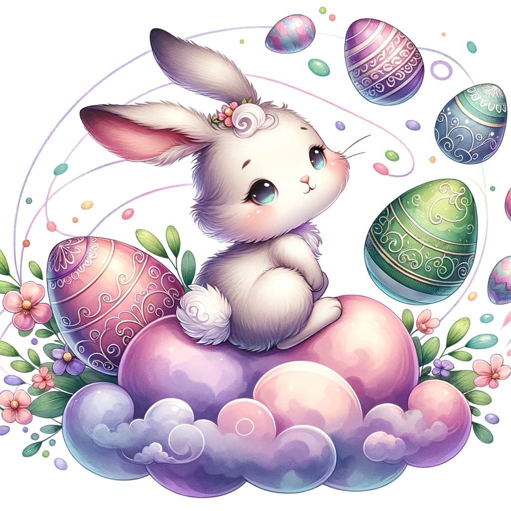 Whimsical Chibi Easter Bunny on a Vibrant Cloud