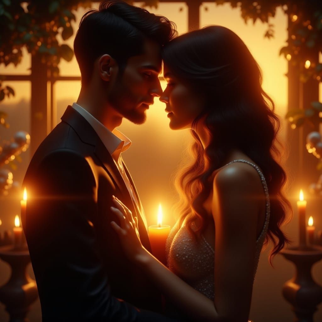 Romantic Couple Embracing in Golden Candlelight