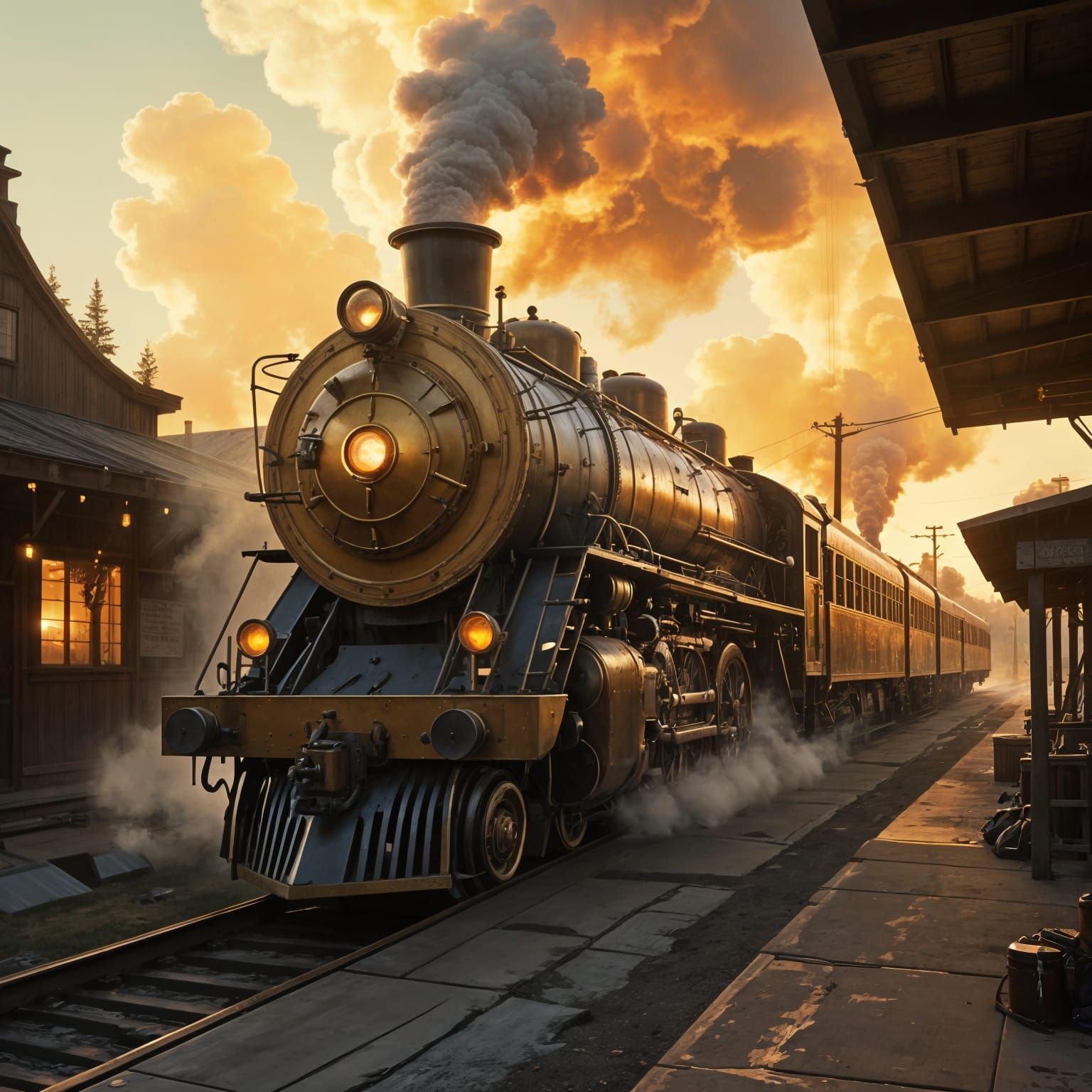 Majestic Steam Locomotive Departs Old West Station in Warm G...