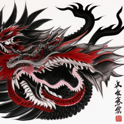 chinese dragon, black and red pencil sketch