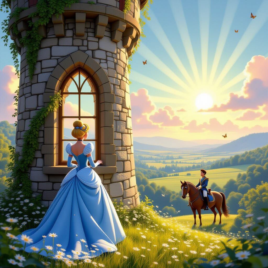 Cinderella in Tower: Pixar-Inspired 3D Digital Art