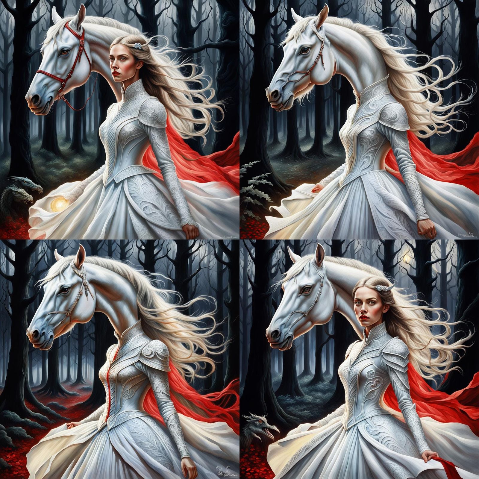 Hyperrealistic Watercolor: Woman Riding White Horse with Dra...