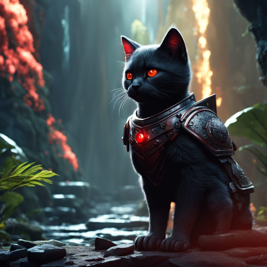 Mythical Warrior Kitten in Jungle Clearing