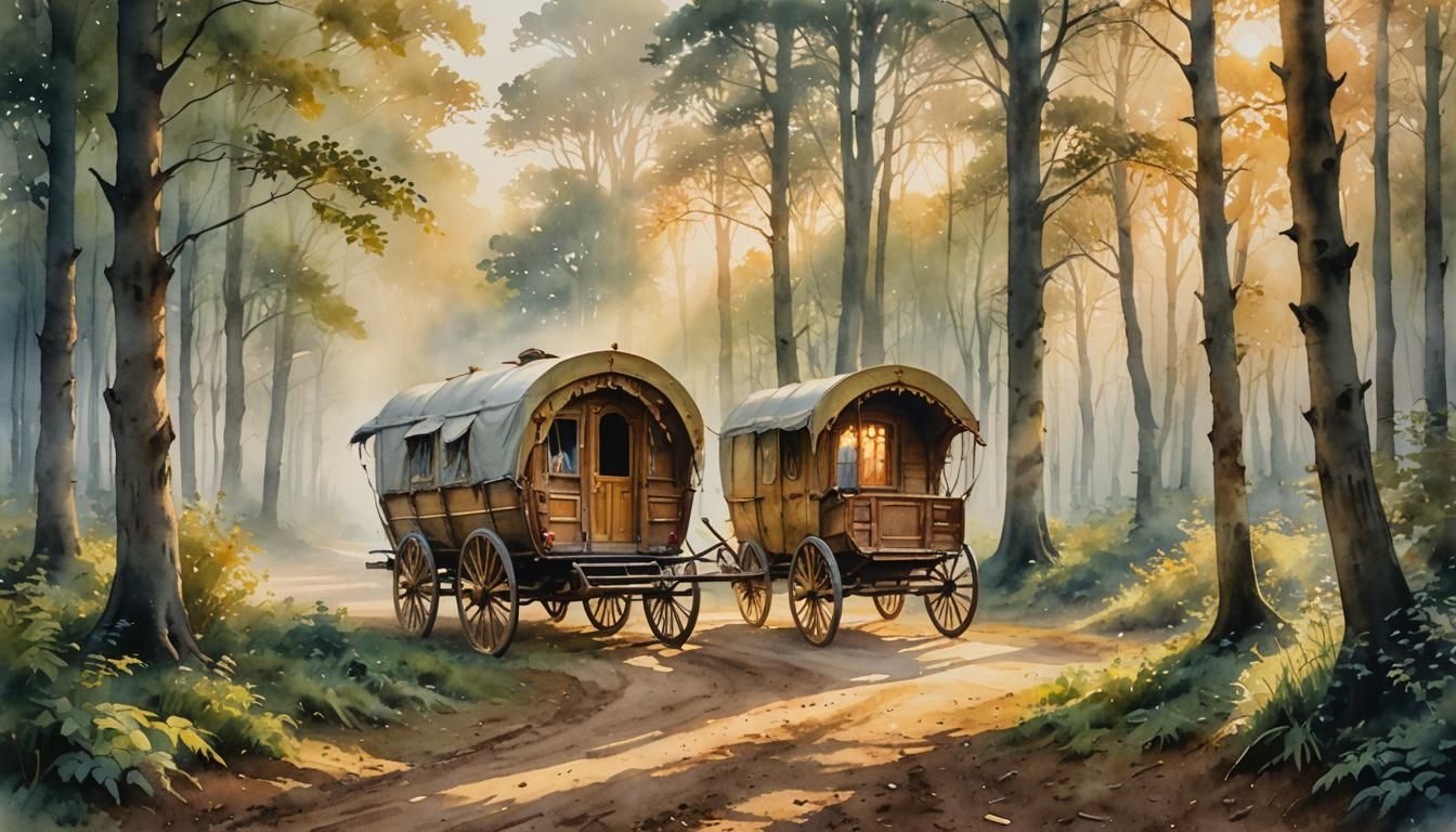 Gypsy Caravan in Misty Forest: Romantic Watercolor