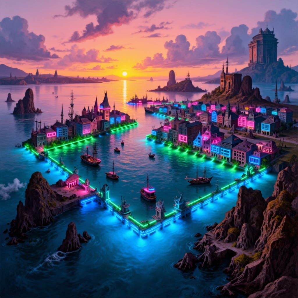 Futuristic Fantasy Harbour at Sunset, Drone View