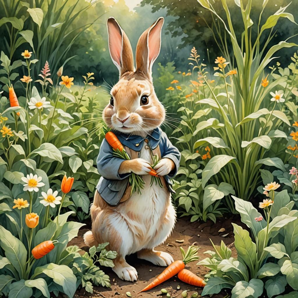 Whimsical Rabbit Gardener in Watercolor Illustration