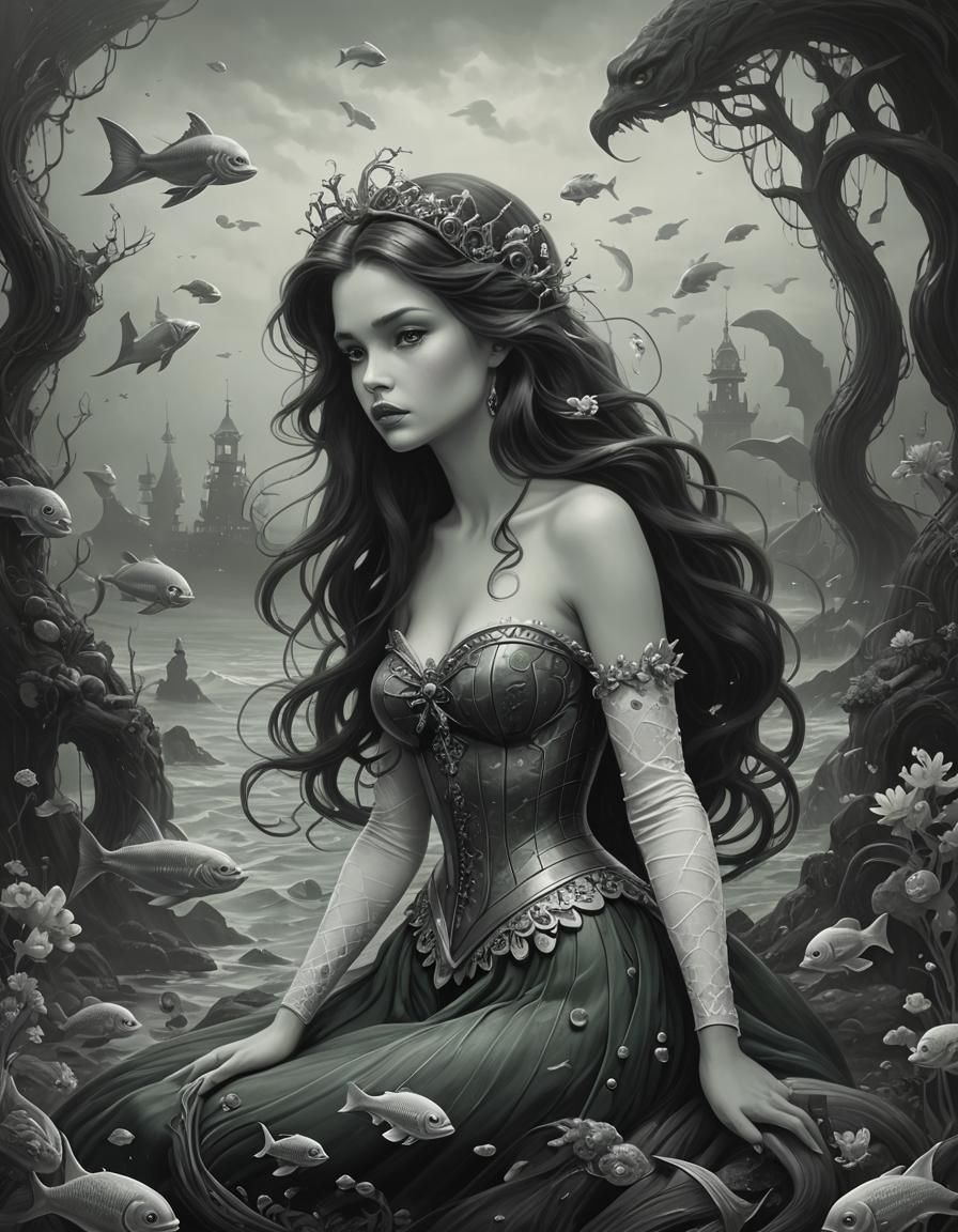 Little Mermaid: Monochrome Oil Painting in Surreal Style