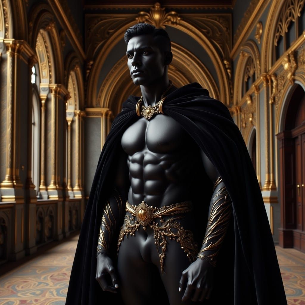 Majestic Prince in Elegant Black Attire, Palace Chamber, 130...
