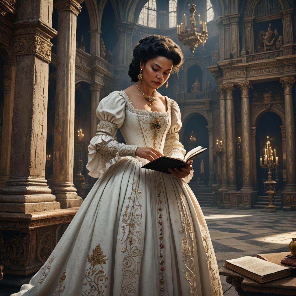 Angela Bofill Reads in 17th Century, Detailed Matte Painting