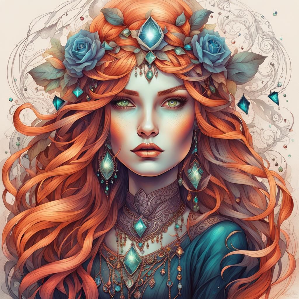 Charming Witch Portrait with Copper Hair, Linework Art
