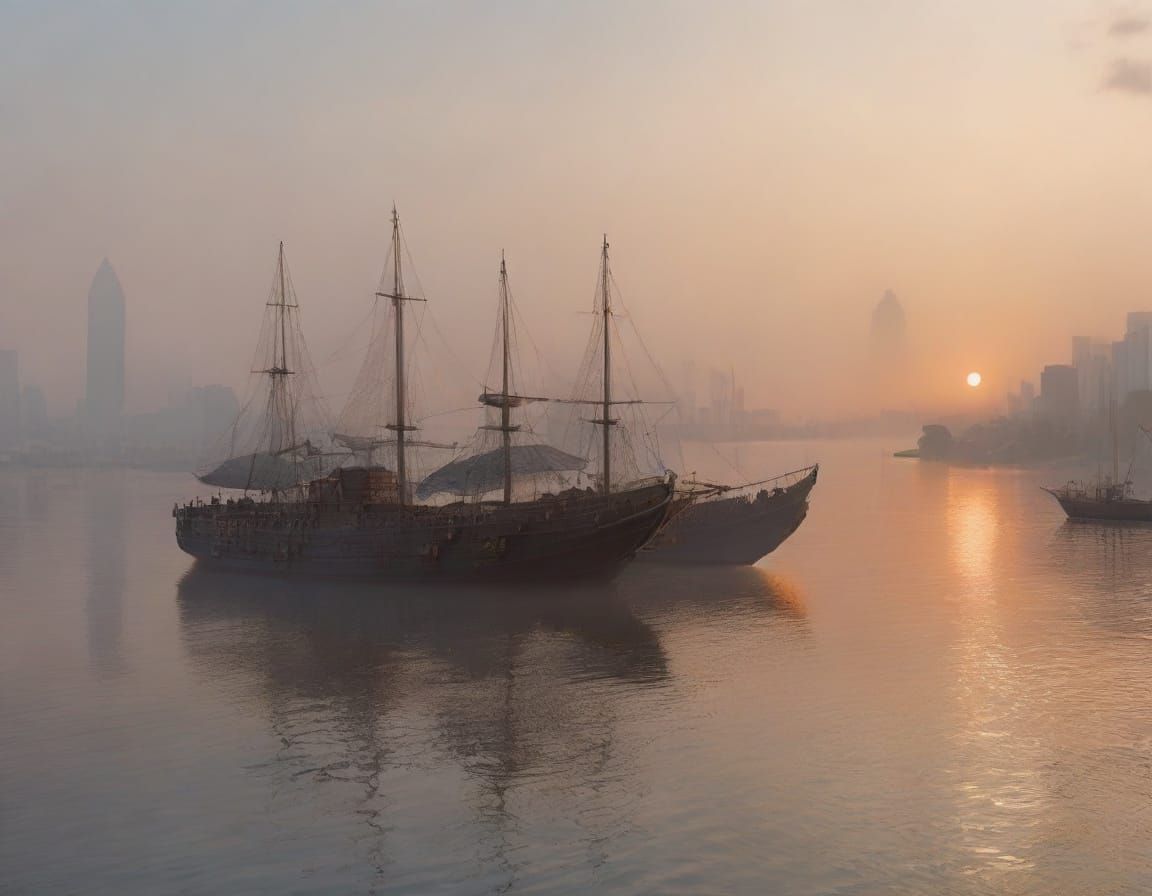 Fantasy Airships at Sunrise in Misty Harbor