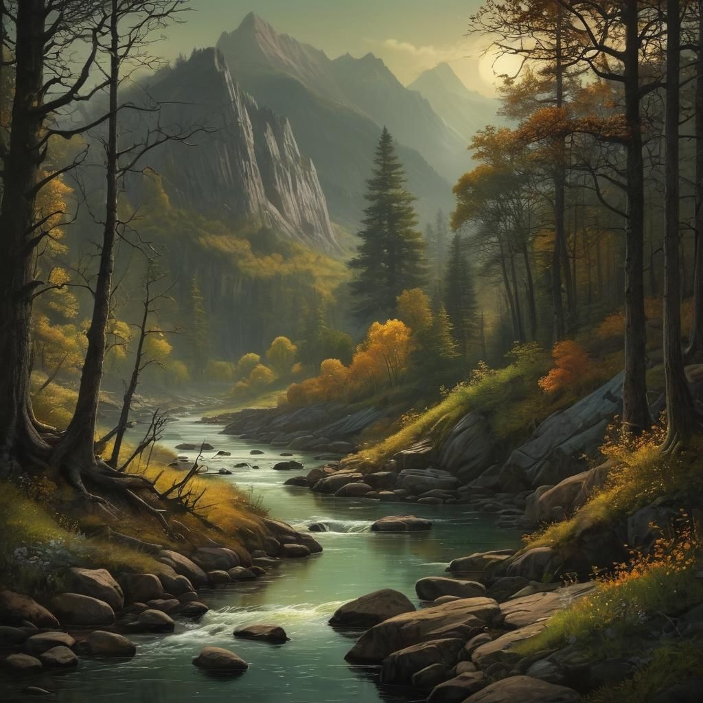 Intricate River Valley Landscape Painting