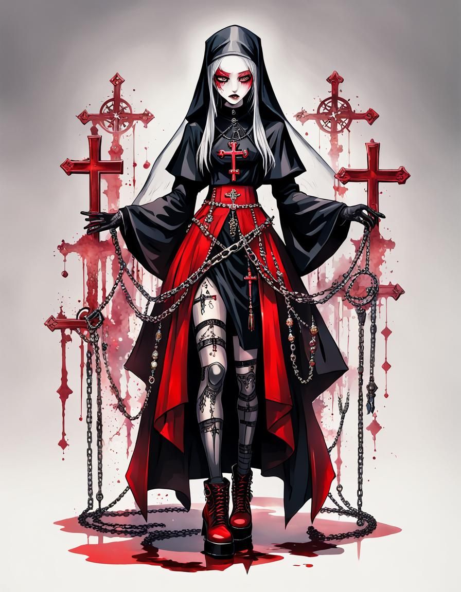 Gothic Nun in Red with Chains, Realistic Anime Style
