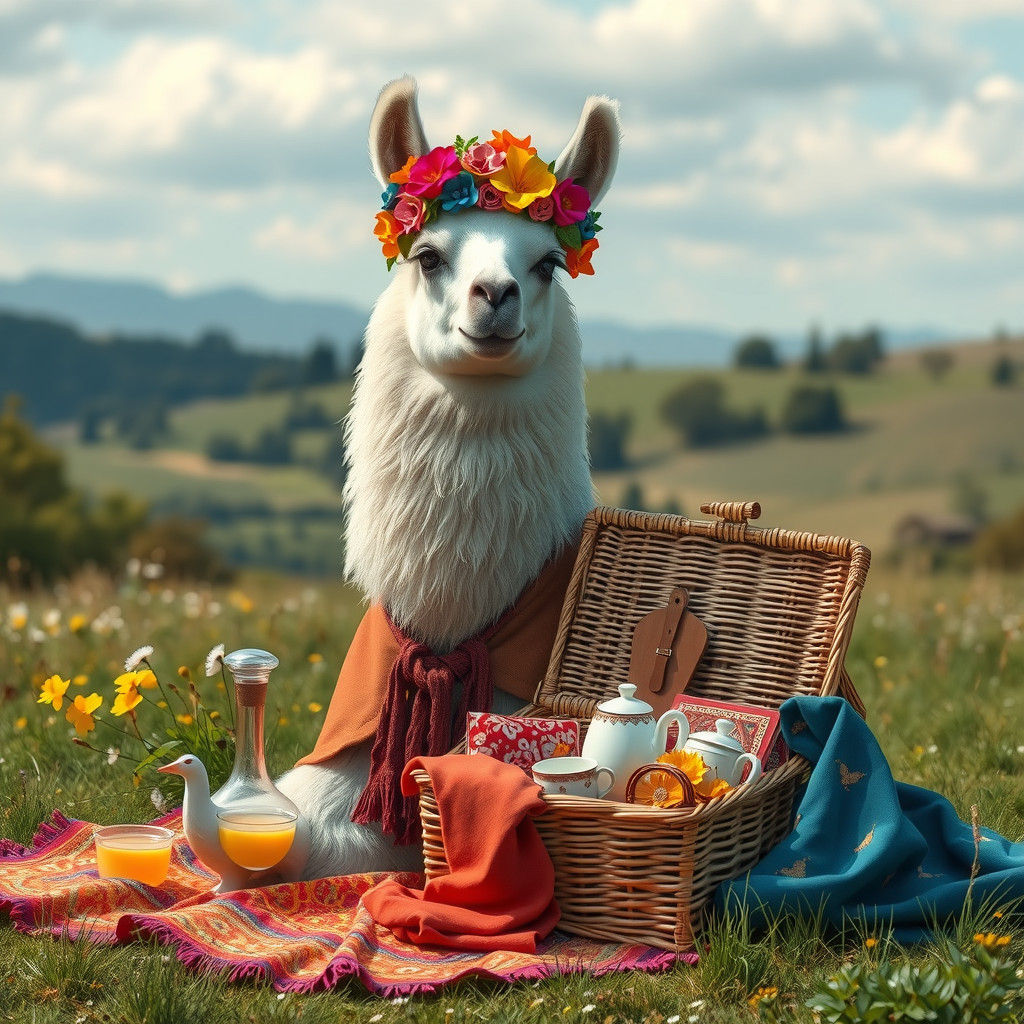 Llama Picnic in Lush Meadow, Whimsical Art Style