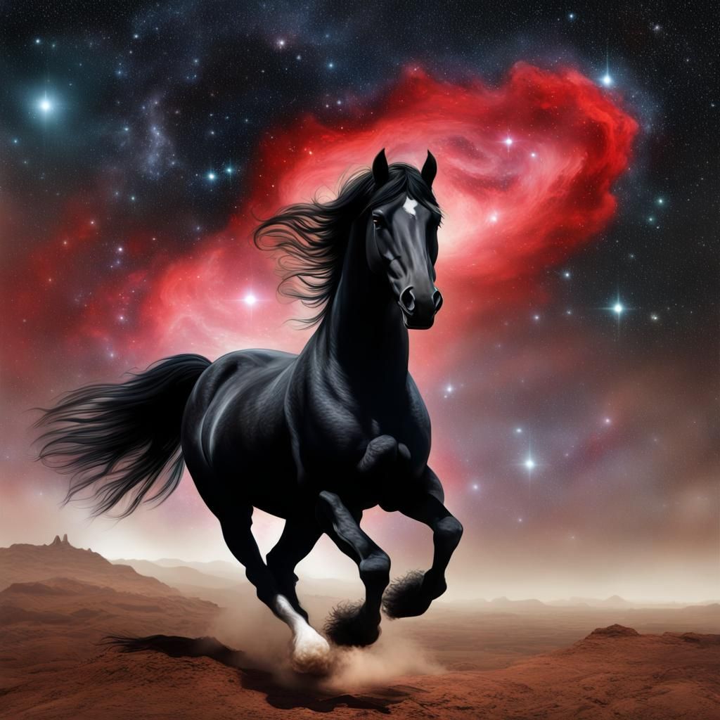 Wild Black Horse Galloping Under Starry Sky