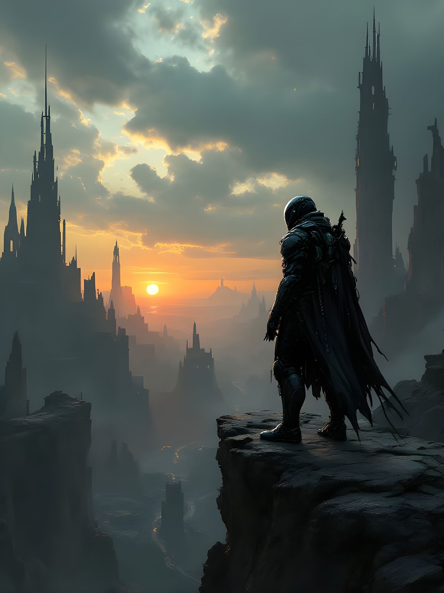 Cybernetic Warrior Overlooking Ruined City