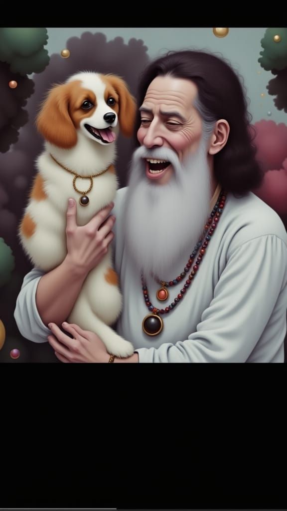 Magical Hippie Grandpa with Adorable Cockapoo Puppy