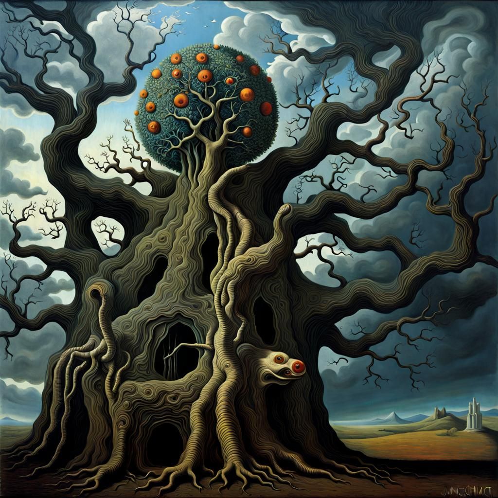 Surreal Octopus Tree in Dreamlike Landscape