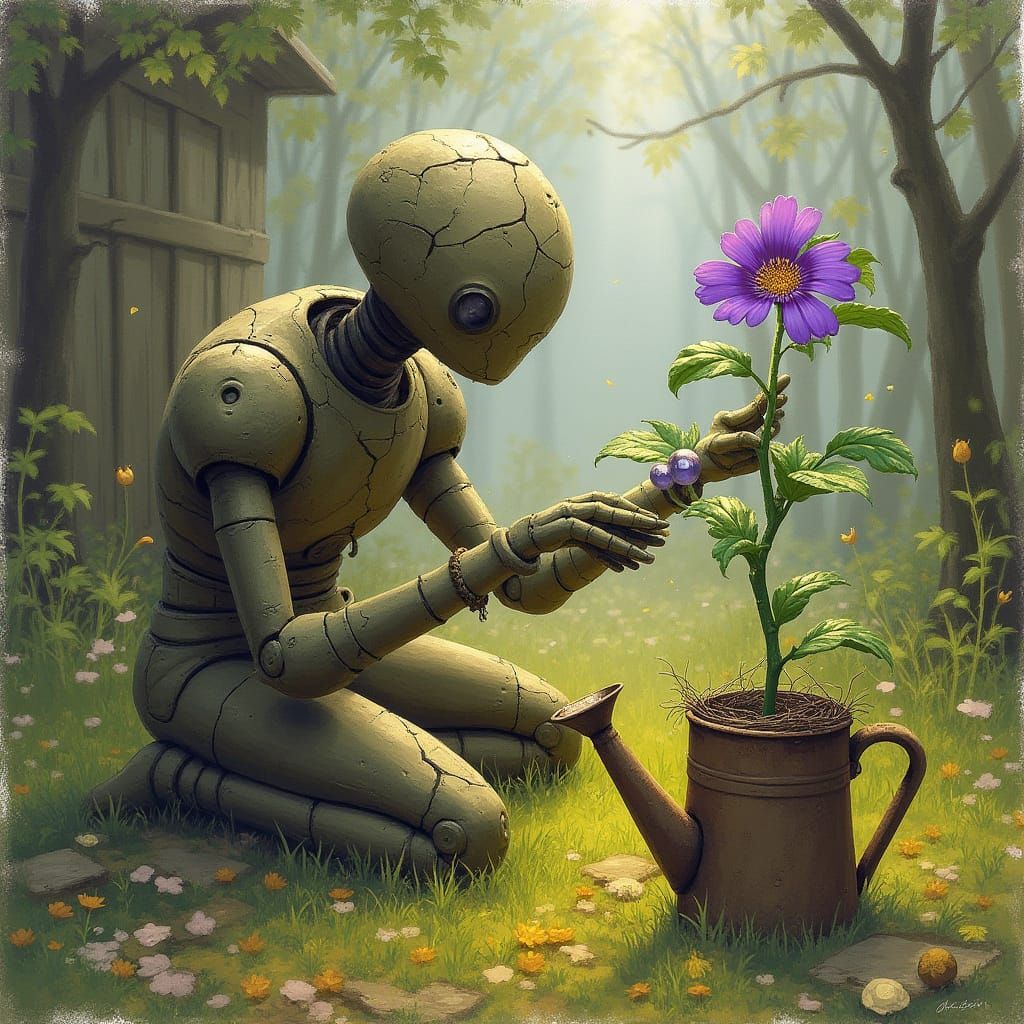 Clay Golem Tends Vibrant Weed in Secret Garden