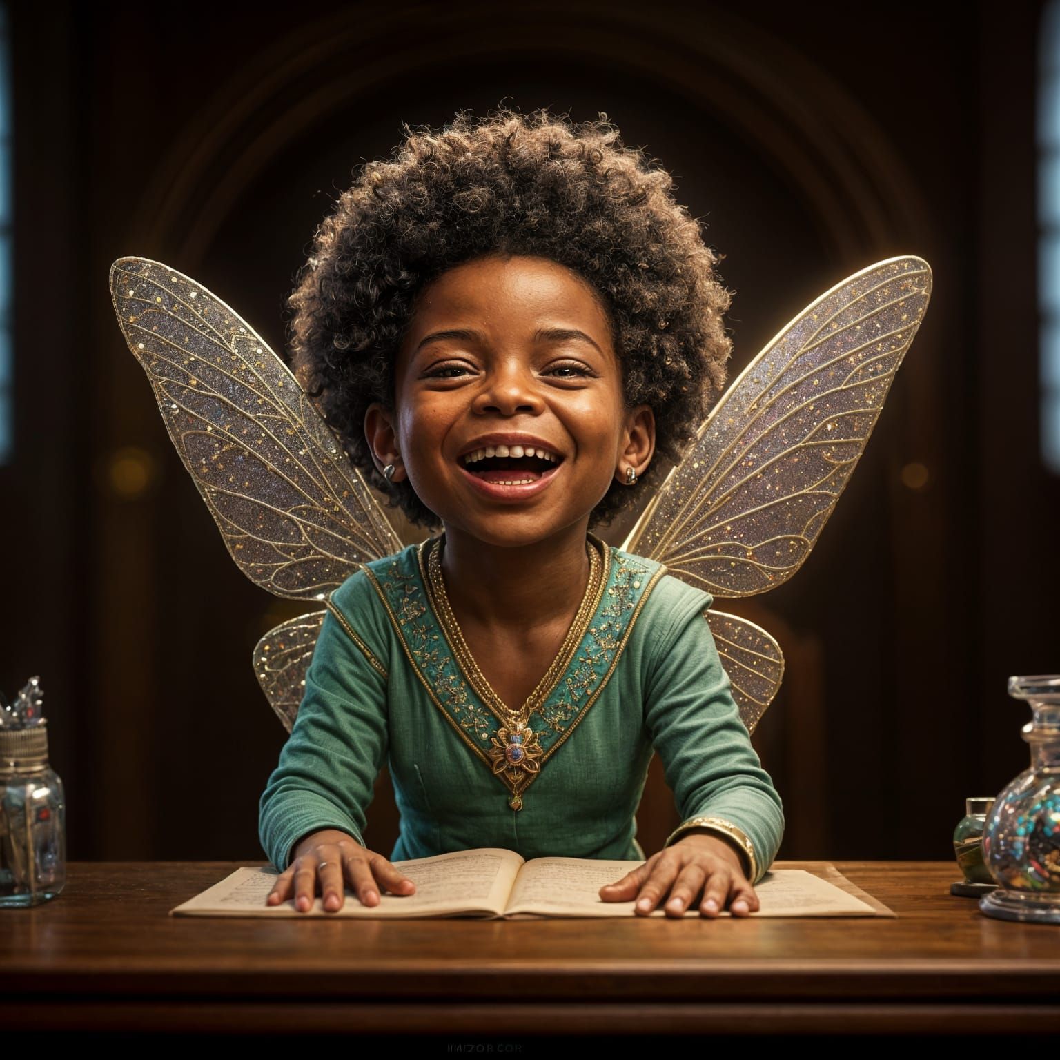 Laughing Fairy Pixie Portrait on Wizard's Desk