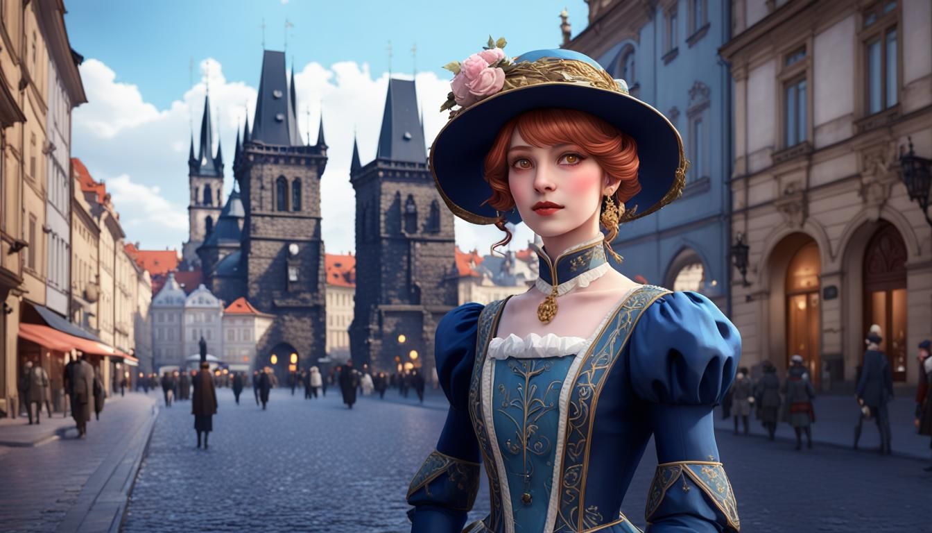 Art Nouveau Woman in Old Prague Street