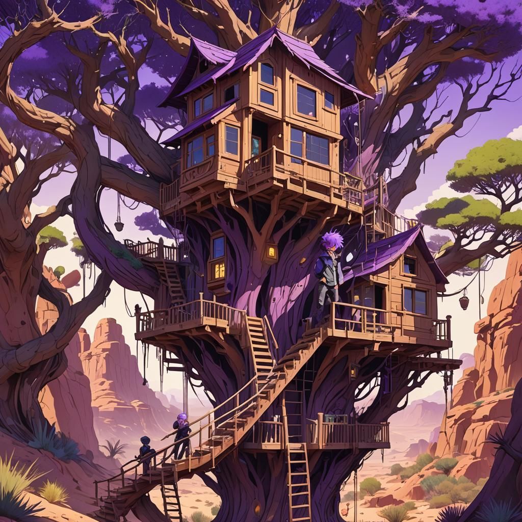 Anime Boy in a Crazy Desert Treehouse