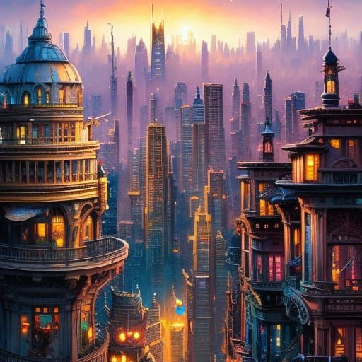 Detailed Cityscape in Dark Watercolor Style