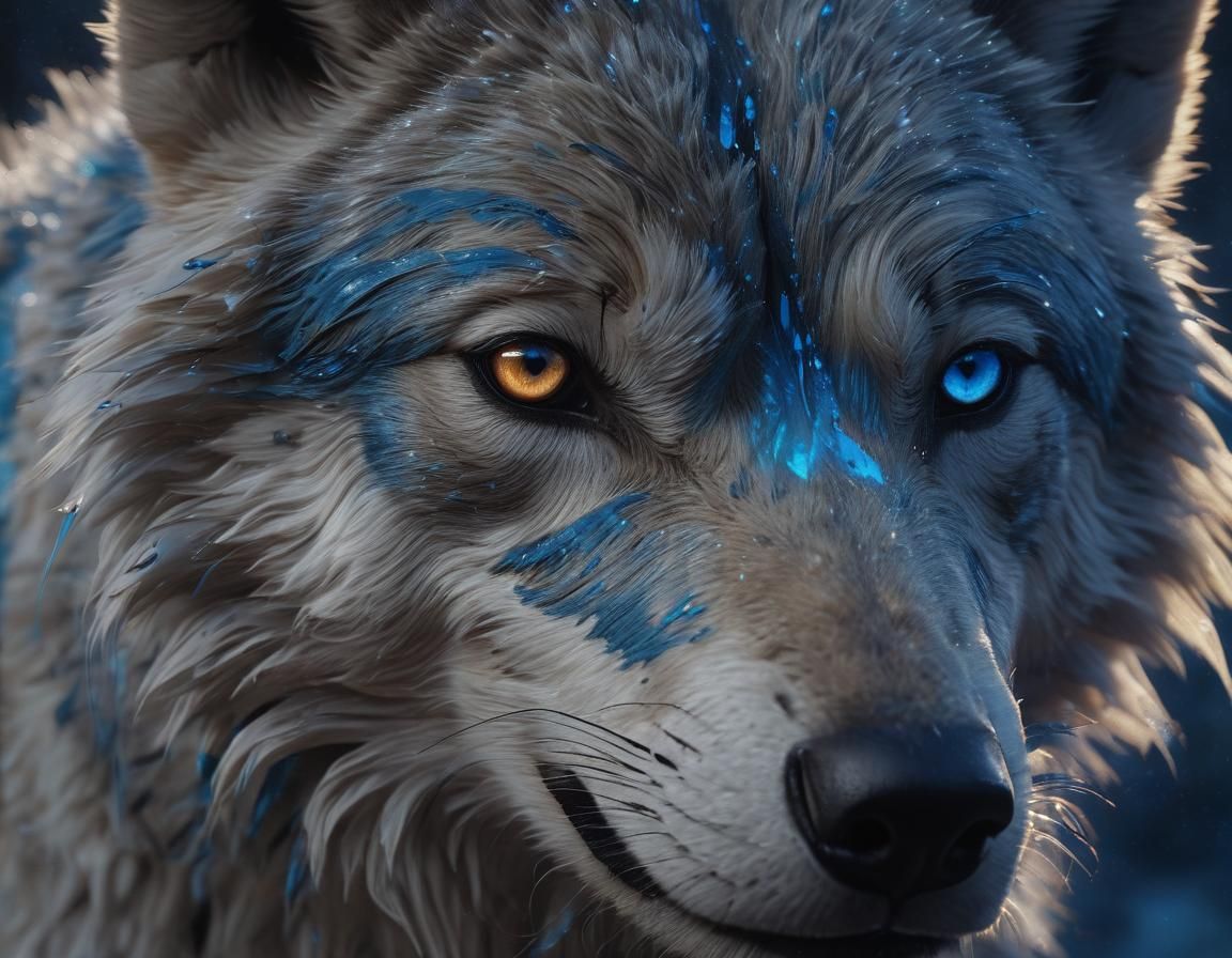 Spirit Wolf with Blue Stripes: Cinematic Oil Painting