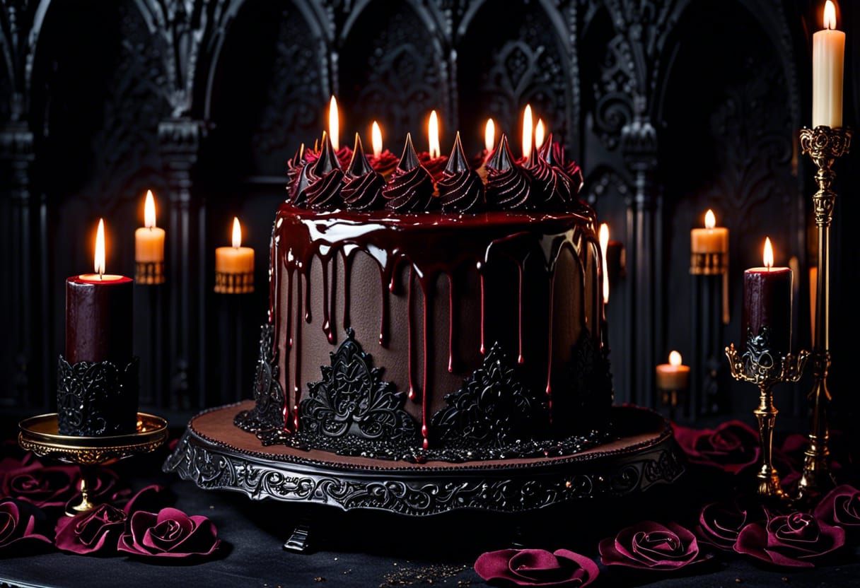 Gothic Vampire Cake with Chocolate Glaze, Oil Painting