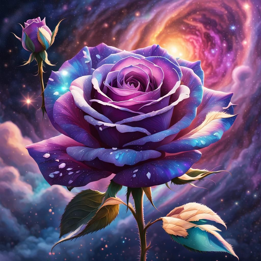 Hyperrealistic Purple Rose in Cosmic Setting