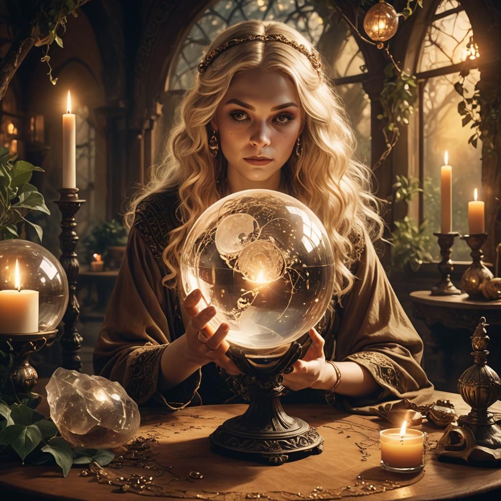 Blonde Fortune Teller and Crystal Ball in Fantasy Art