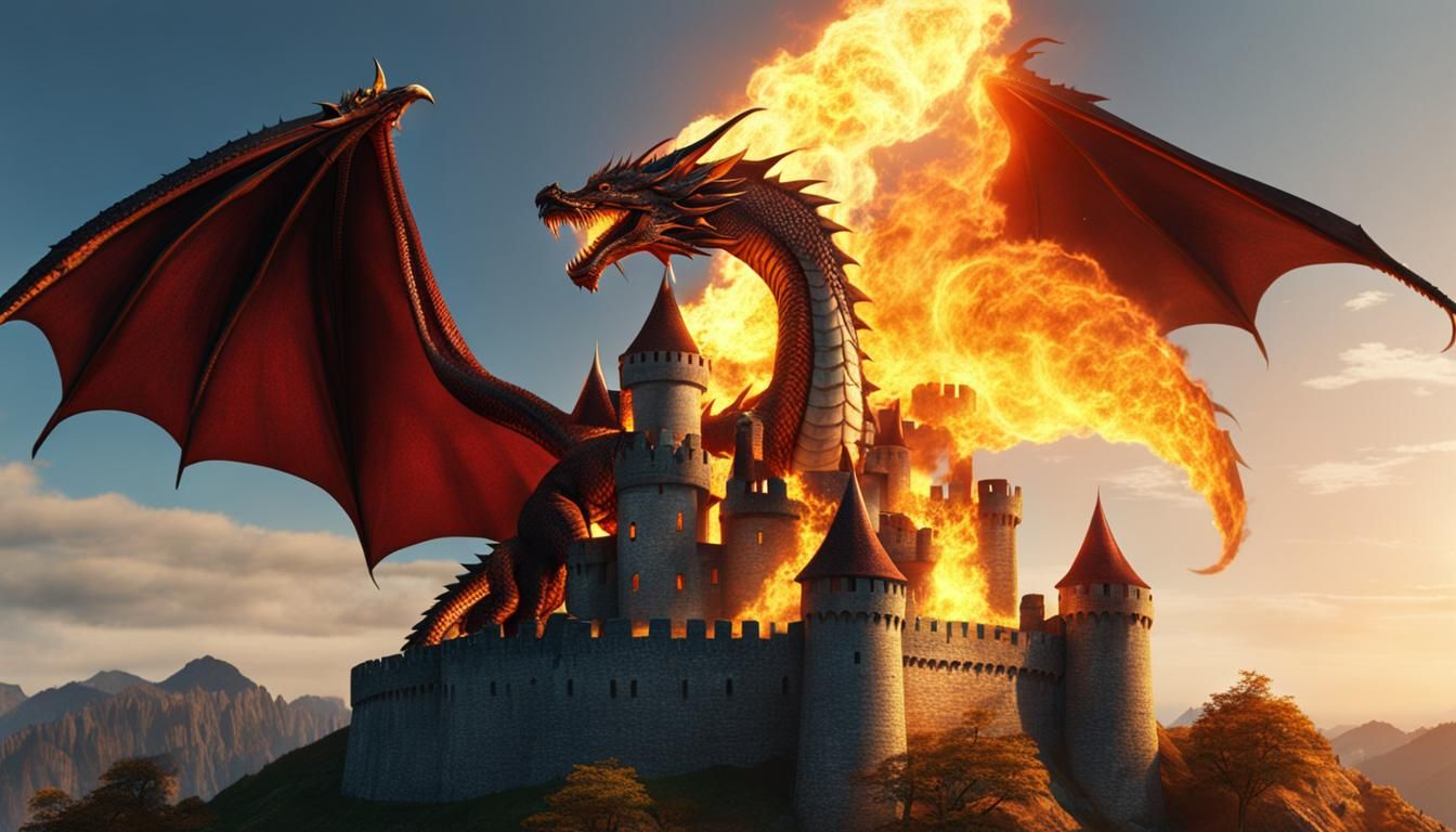 Dragon Breathing Fire on Castle in Graphic Art