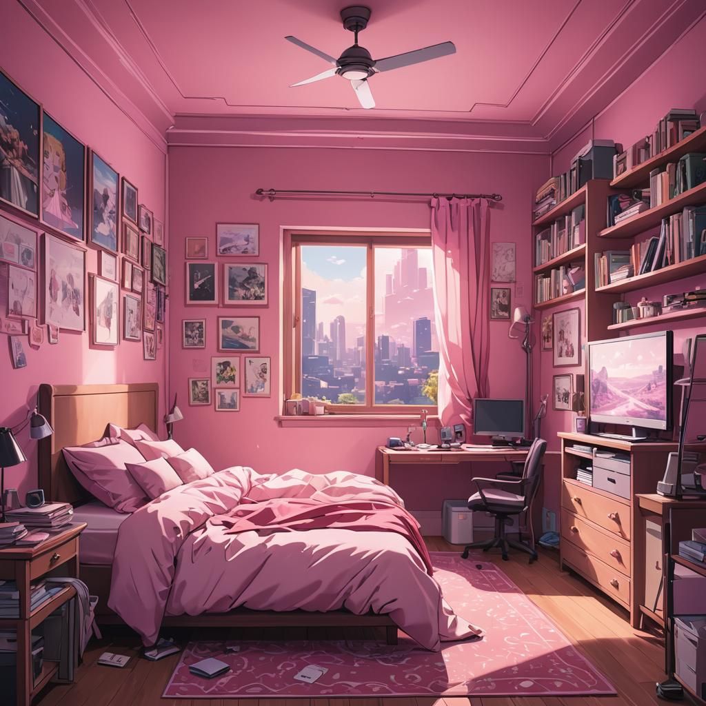 Anime-Style Pink Bedroom with Cinematic Lighting
