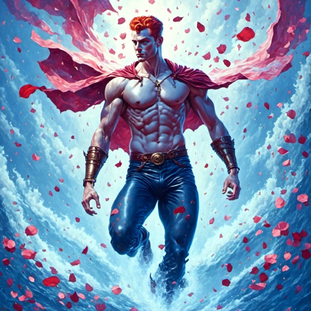 Retro 1950s Redhead Warrior Mage Soaring Over Lake