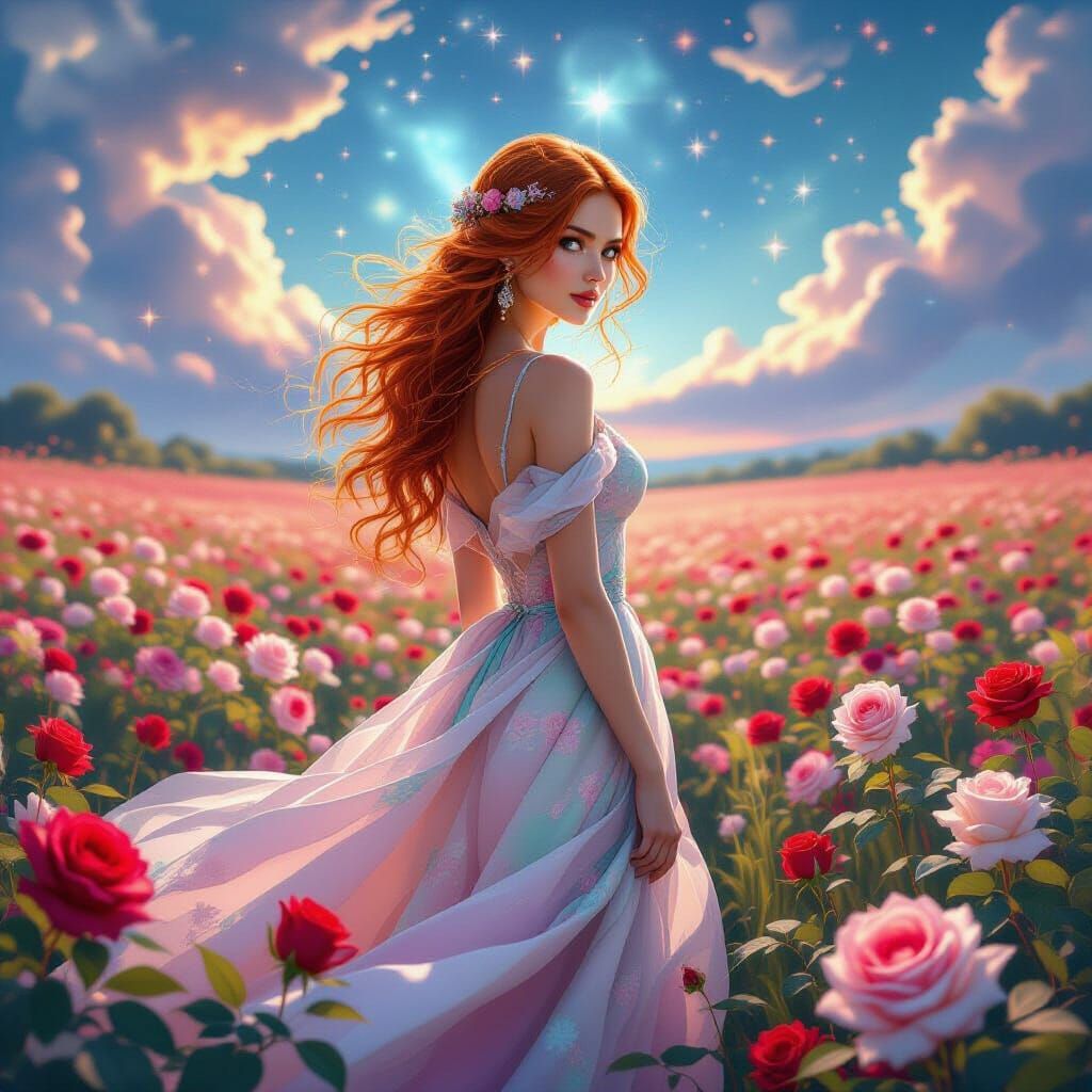 Woman in Pastel Dress in Magical Rose Field