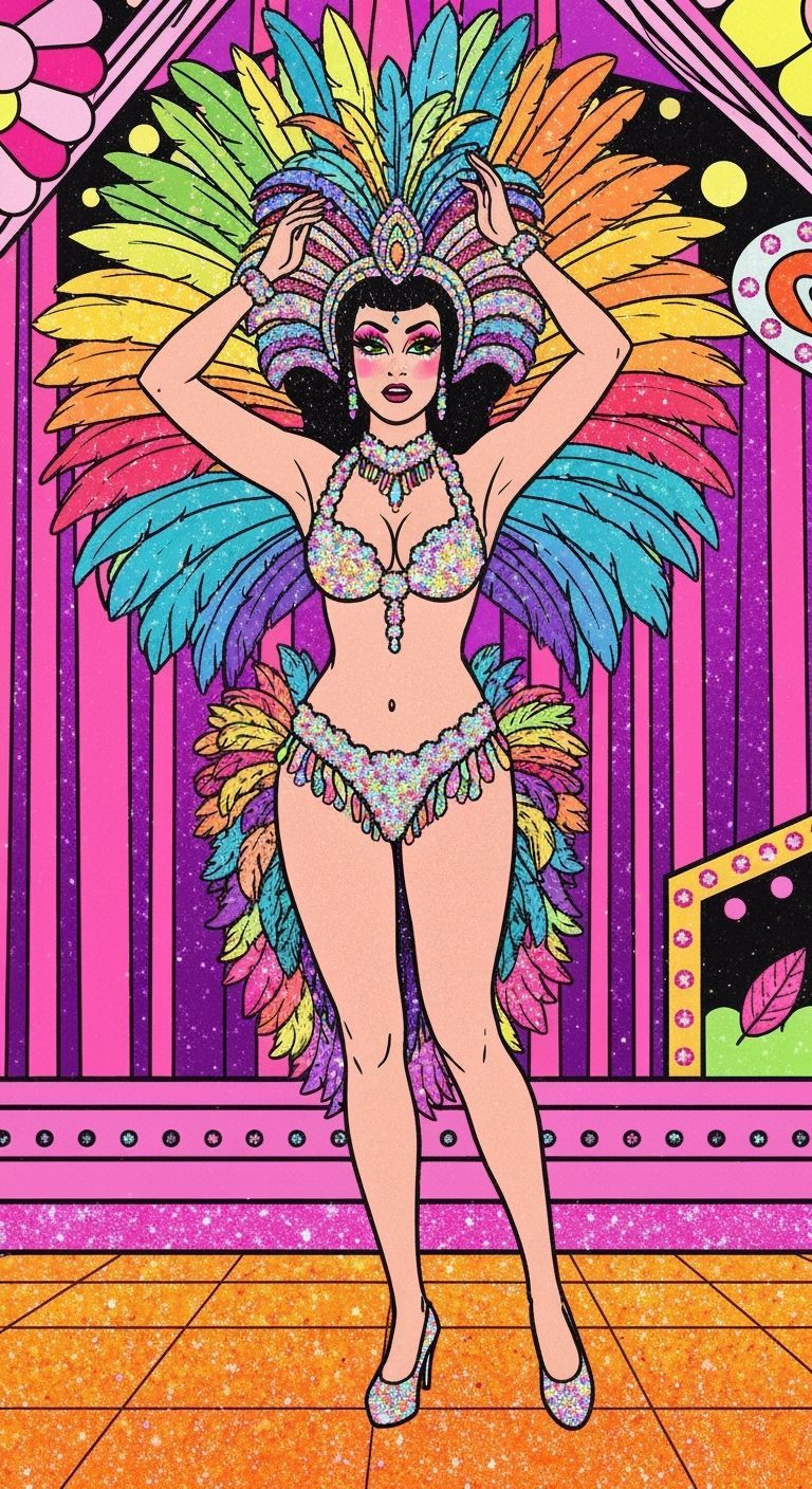 Vegas Showgirl in Rainbow Colors with Feathers and Glitter