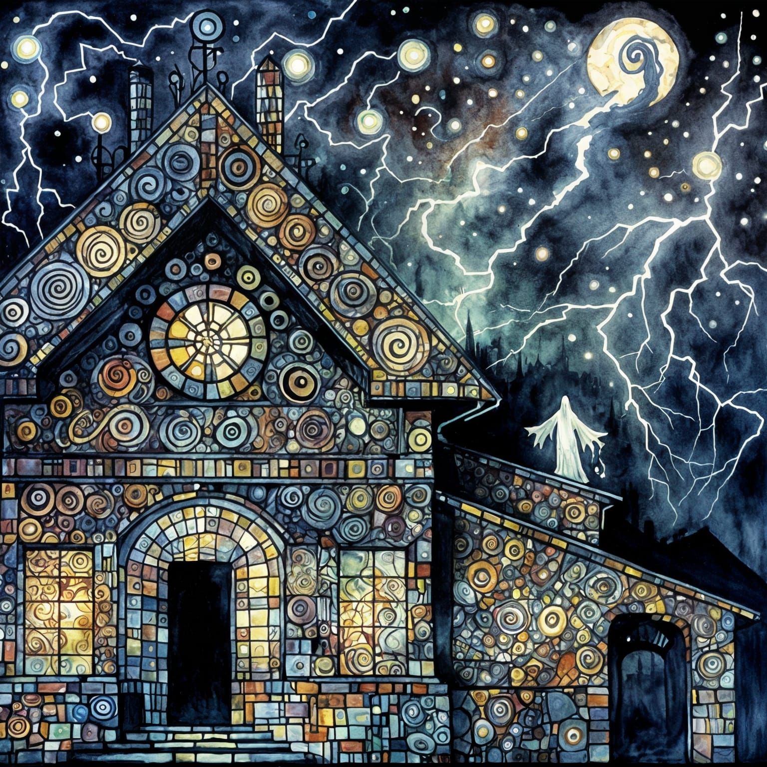 watercolor comicart ghost roof nightsky klimt lightning