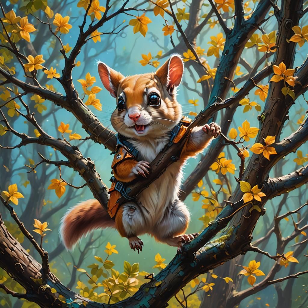 Cyborg Flying Squirrel in Hyperrealistic Oil Painting