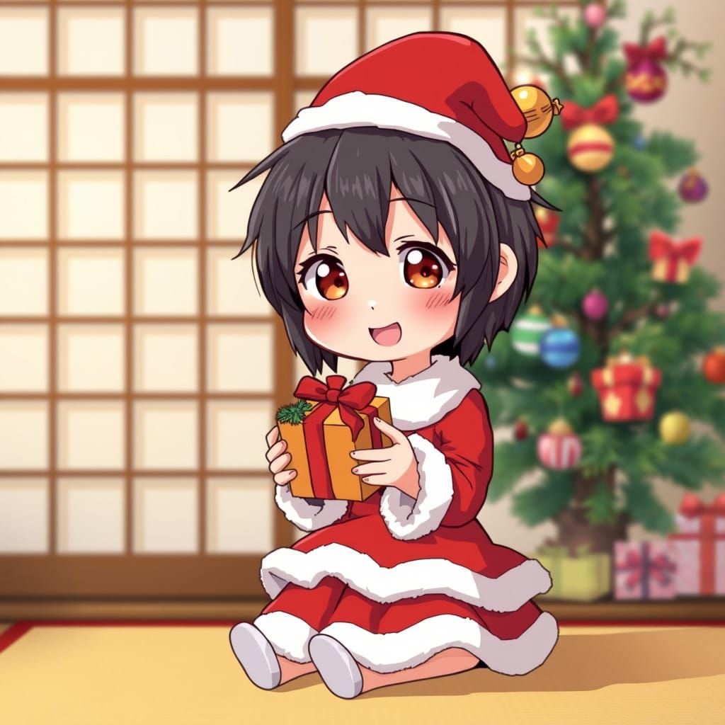 Merry Christmas Chibi Girl in Kawaii Santa Dress