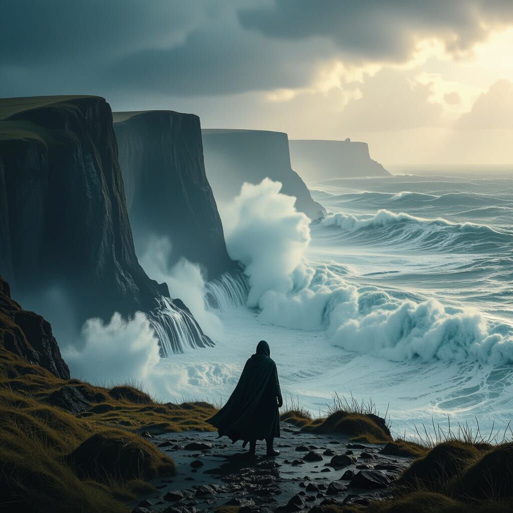 Resilient Figure on Storm-Lashed Coastline