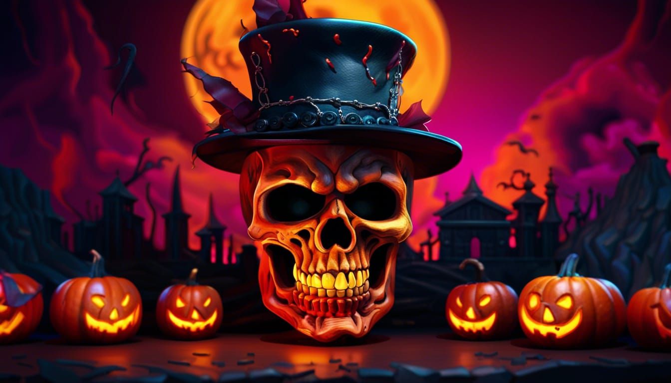 Spooky Pumpkin with Skull Moon in Abstract Expressionism