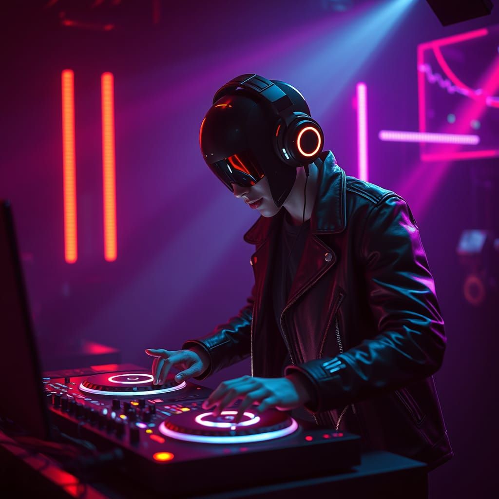 AI DJ in Cyberpunk Club with Neon Lights