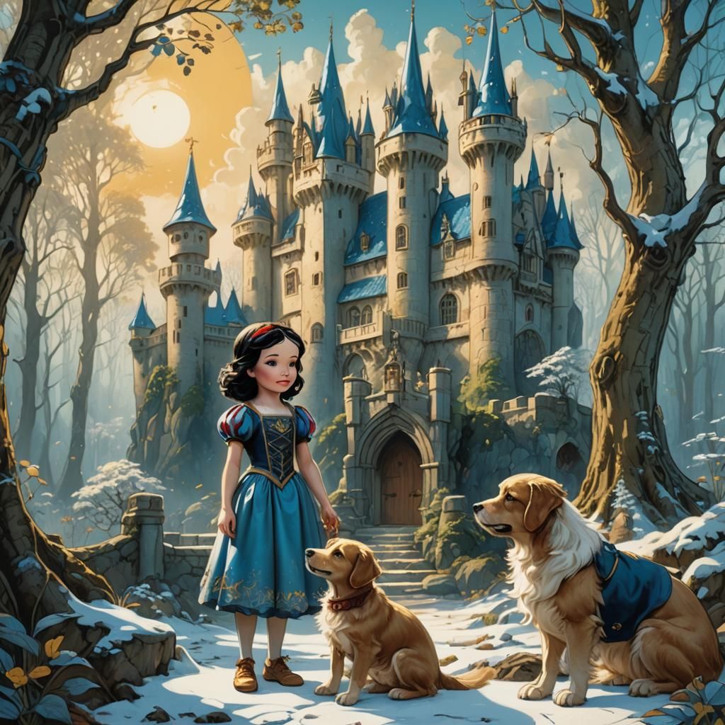 Snow White Puppy Friends in Art Nouveau Style