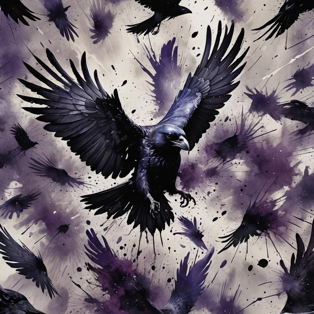 Ink Splattered Raven in Flight: Detailed Matte Painting