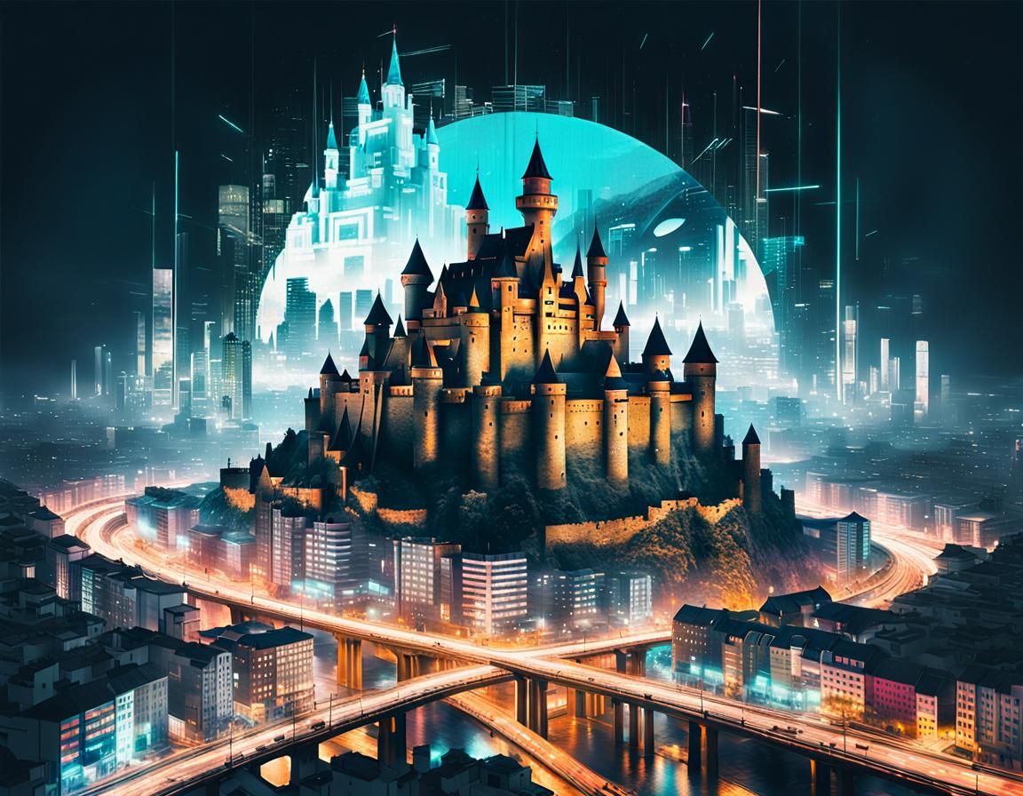 Cyberpunk Glitchcore Cityscape Merging Bronze Age Castle