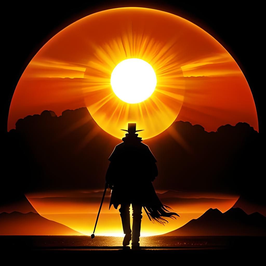 Lonely Traveler Silhouette Under a Gigantic Sun