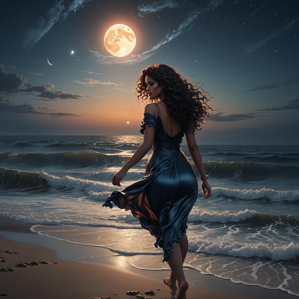 Moonlit Woman Walks to Sea: Hyper-Realistic Digital Art